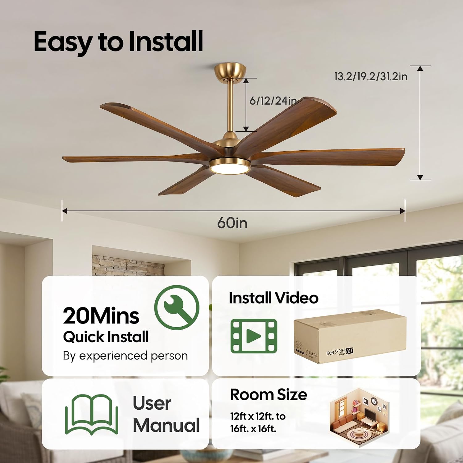 72 Inch Smart Outdoor Ceiling Fan with Lights, Brass Gold with 6 Solid Wood Walnut Blades, Modern Farmhouse, Alexa/App/Remote Control, 9268 CFM Quiet DC Motor, for Large Room Exterior Gazebo Patio