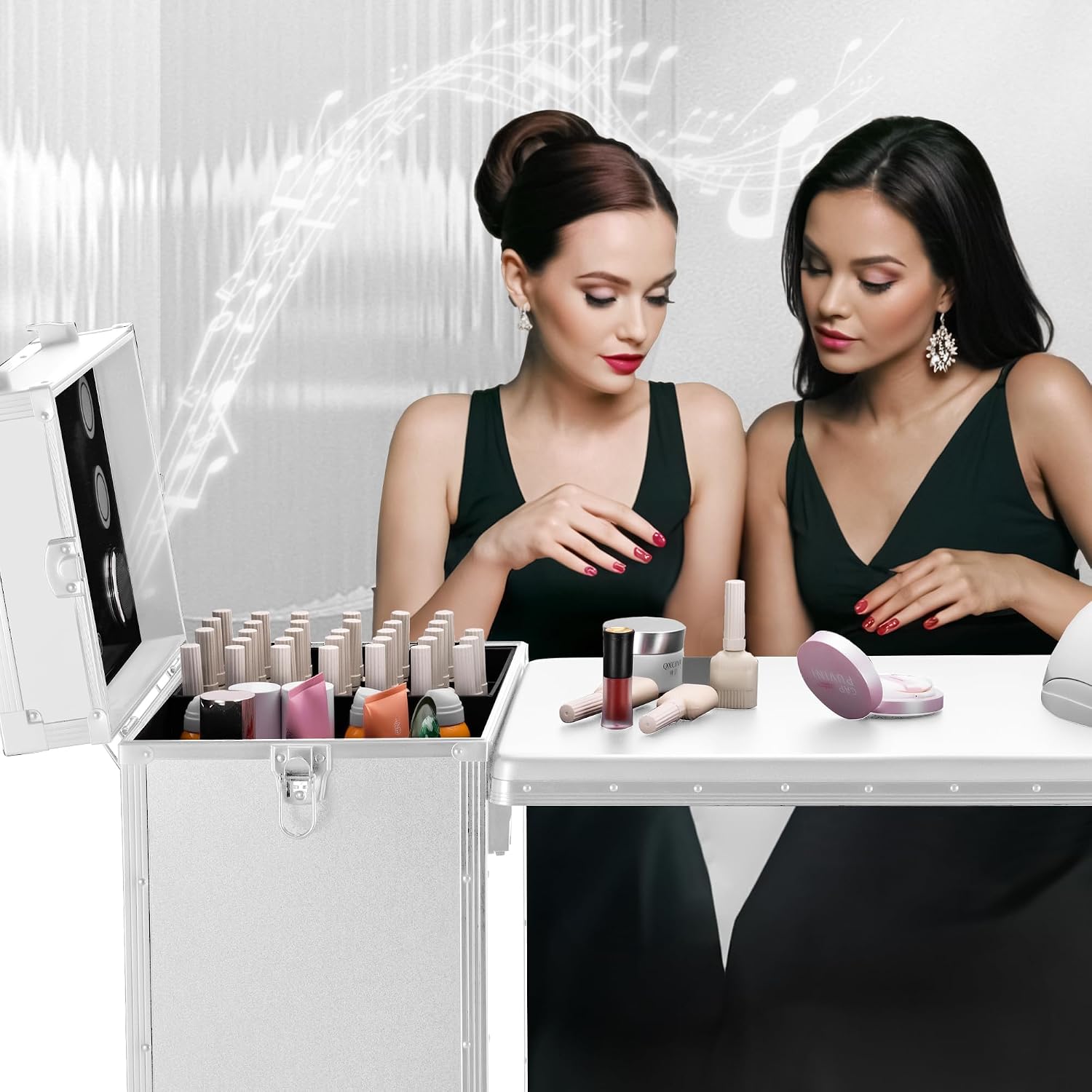 Portable Manicure Table 3 Drawers, Rolling Lockable Makeup Train Case with Blueteeth Speaker and Nail Polish Organizer, Foldable Nail Desk with Mirror & TSA Lock for Nail Tech and Salon Use