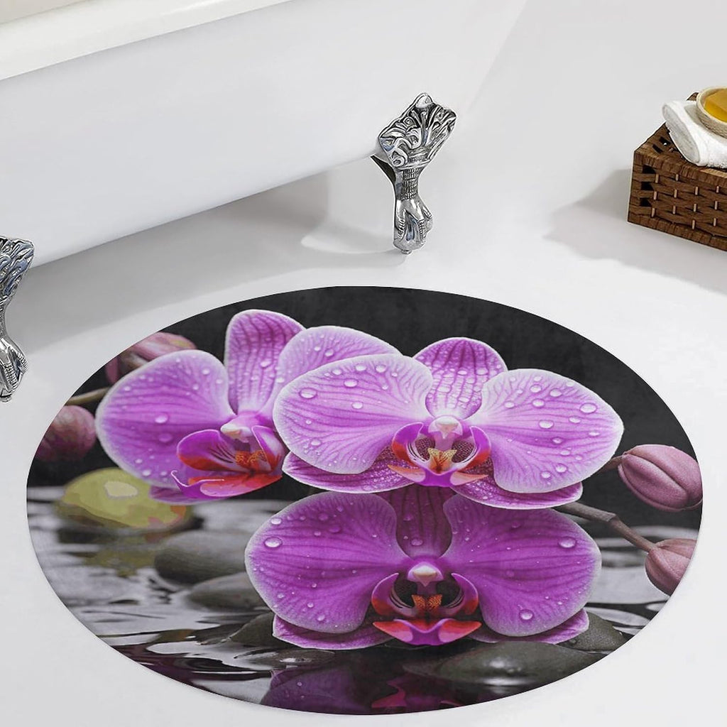 Purple Orchid Coral Velvet Round Floor Mat Non-Slip Bath Rug Floor Covering for Bathroom Vanity Guest Suite & Vacation Home