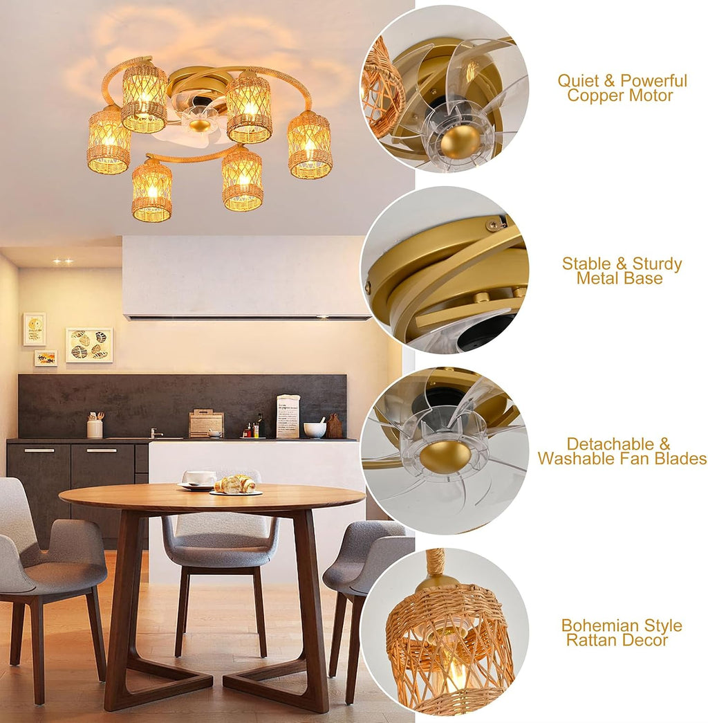 Qcyuui Rattan Boho Ceiling Fan with Light,26.4'' Ceiling Fans with Lights and Remote Low Profile Ceiling Fan with Light with Reversible 6 Speeds for Kitchen Living Room Bedroom,E26 Base (Gold)