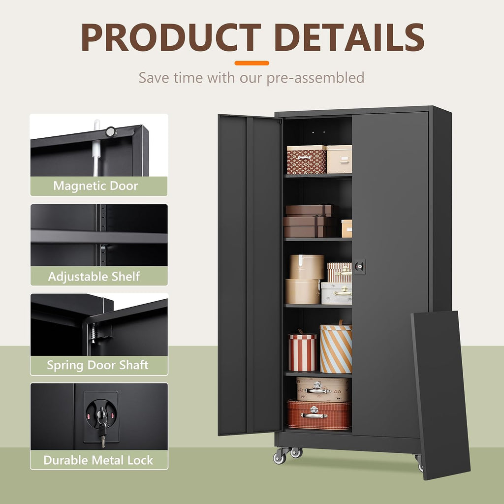 RAVIGIN Metal Garage Storage Cabinet with Wheels,75' H Locking Tool Cabinet with 2 Doors and 4 Adjustable Shelves Tall Cabinet for Garage, Heavy Duty File Cabinet for Office, School (Black)