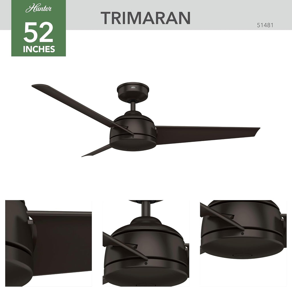 Hunter 52 inch Outdoor or Indoor Ceiling Fan No Light - Ceiling Fan without Light, For Patio, Porch, Garage, or Living Room, Standard Mount, 3 Blades, Wall Control - Trimaran 51481, Premier Bronze