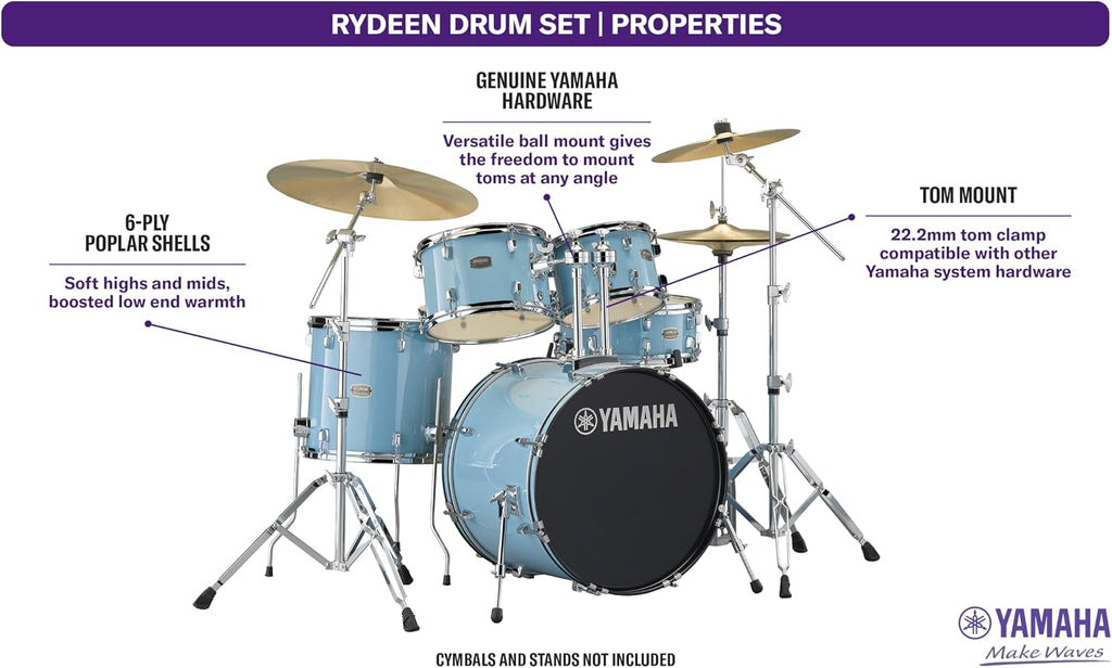 Yamaha Rydeen 5-Piece Drum Set With 22' Bass Drum, Floor Tom, 2 Toms With Ball Clamp And Wood Snare Drum, Gloss Pale Blue