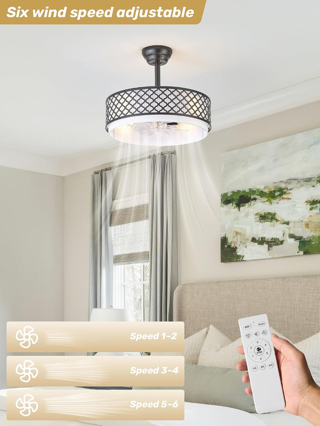 20' Black Fandelier Ceiling Fan with Lights, Rustic Farmhouse Caged Ceiling Fan with Light Remote Control, Rattan with 6 Speeds for Bedroom, Nursery, Living Room