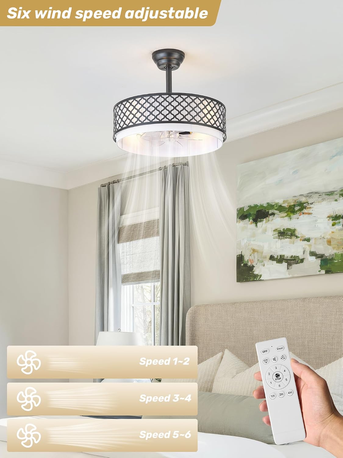 20' Black Fandelier Ceiling Fan with Lights, Rustic Farmhouse Caged Ceiling Fan with Light Remote Control, Rattan with 6 Speeds for Bedroom, Nursery, Living Room