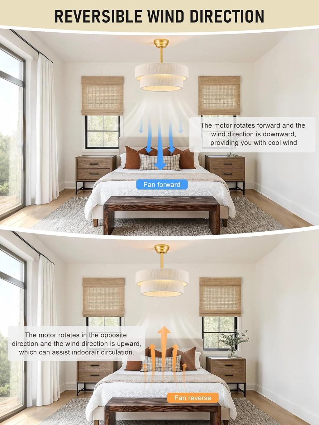 Boho Ceiling Fan with Light, Caged Fandelier Ceiling Fan with Light and Remote Control, Rattan Chandelier Fan for Bedroom, Living Room,Kitchen,Foyer(20 Inch, 6 Speed, Timing Adjustable Height)