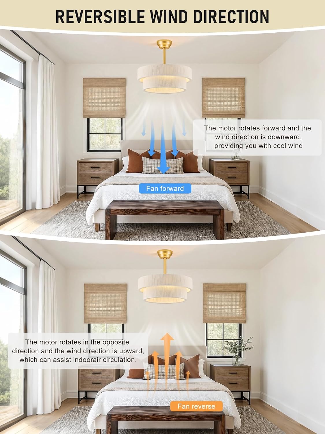 Boho Ceiling Fan with Light, Caged Fandelier Ceiling Fan with Light and Remote Control, Rattan Chandelier Fan for Bedroom, Living Room,Kitchen,Foyer(20 Inch, 6 Speed, Timing Adjustable Height)