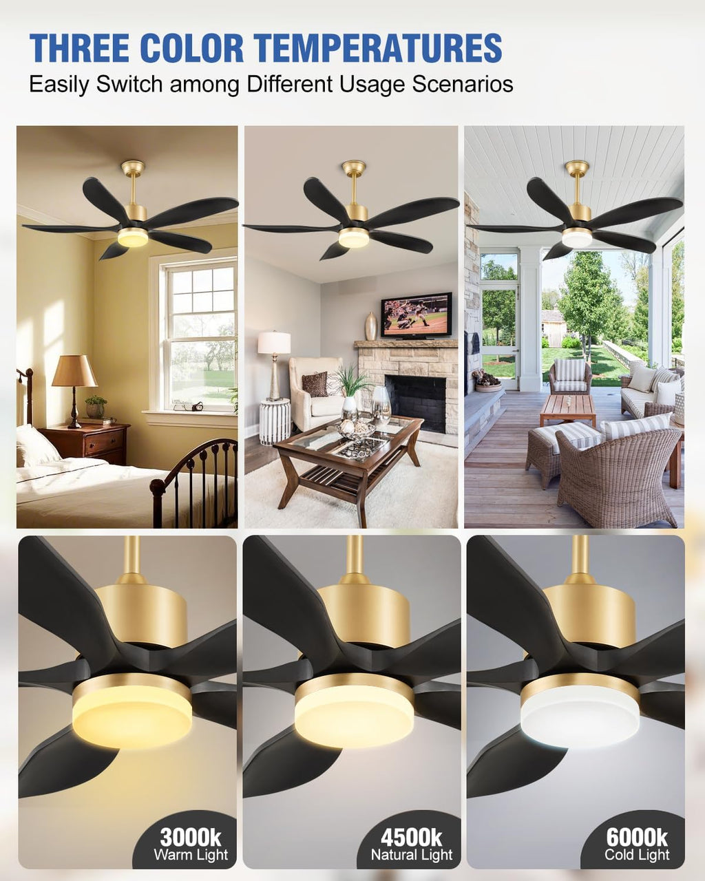 52 Inch Wood Ceiling Fan with Light and Remote, Original USA Patent Outdoor Ceiling Fan, 5 Wood Blades, 3 Downrods, Timer, 6 Speed ETL Certified DC Motor Ideal for Patio Porch Bedroom, Black and Gold