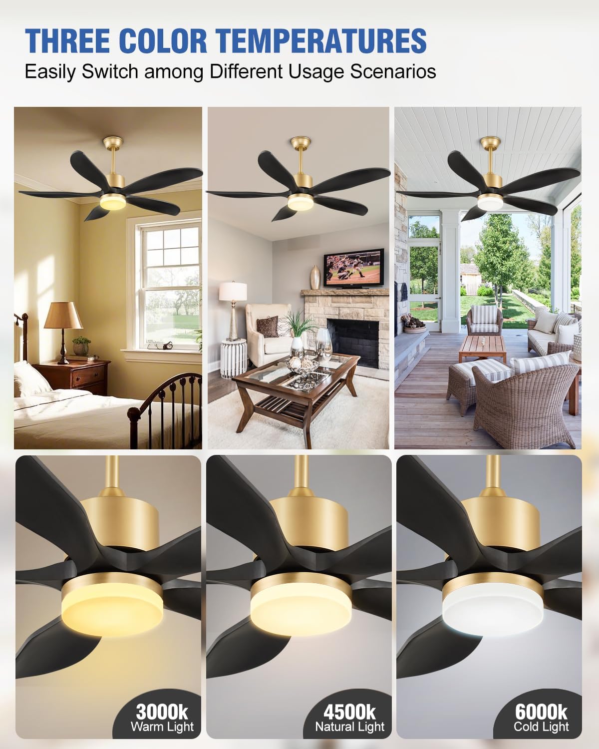 52 Inch Wood Ceiling Fan with Light and Remote, Original USA Patent Outdoor Ceiling Fan, 5 Wood Blades, 3 Downrods, Timer, 6 Speed ETL Certified DC Motor Ideal for Patio Porch Bedroom, Black and Gold