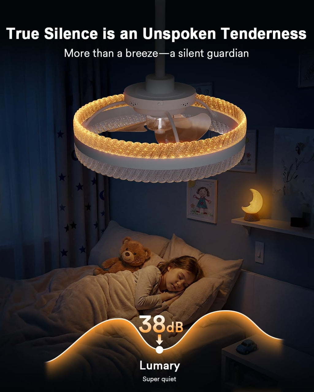Lumary Smart Ceiling Fans with Lights, RGBAI Rainbow Flow Lighting with Feather Projection, Flush Mount/Downrod for Low Profile or High Ceilings, Modern Bladeless Crystal Fan Light for Bedroom, 20in