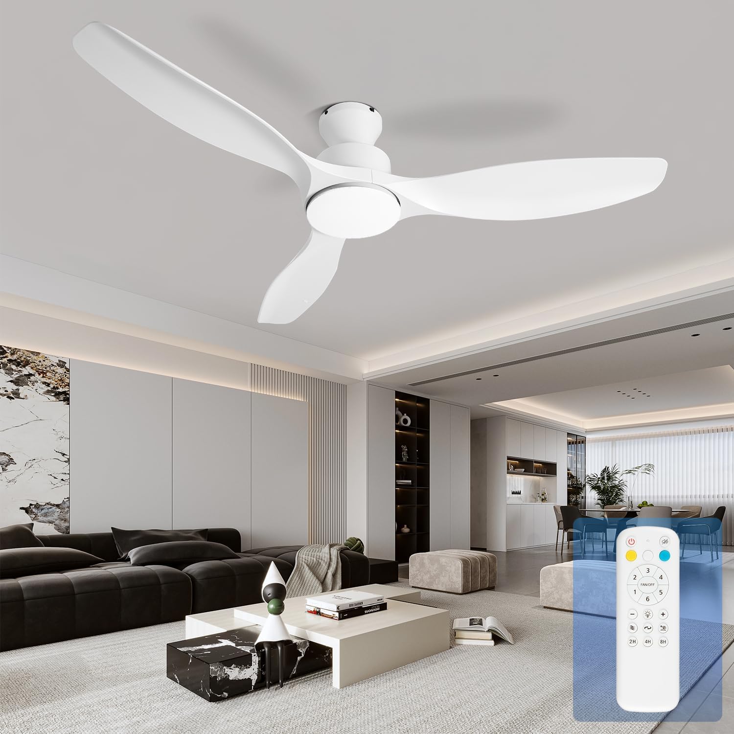 52' White Ceiling Fan with Light and Remote, Flush Mount Low Profile Ceiling Fans, Ceiling Fan with Dimmable LED Lights, 6 Speed, Silent Reversible DC Motor,White Fan for Bedroom/Living Room/Patios