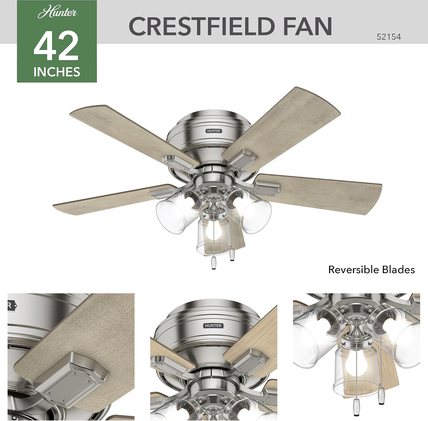 Hunter 42 inch Indoor Ceiling Fan with LED Lights and Pull Chain - Low Profile Flush Mount Ceiling Fan, 5 Blades, For Bedroom, Living Room, or Kitchen, Quiet - Crestfield 52154, Brushed Nickel