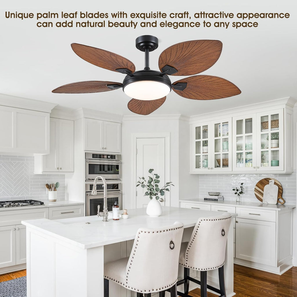PHORUS 52' Tropical Outdoor Ceiling Fans with Lights and Remote,Palm Leaf Ceiling Fan for Patios Porch Patio, Dimmable, 6 Speeds, Reversible, Dark Brown