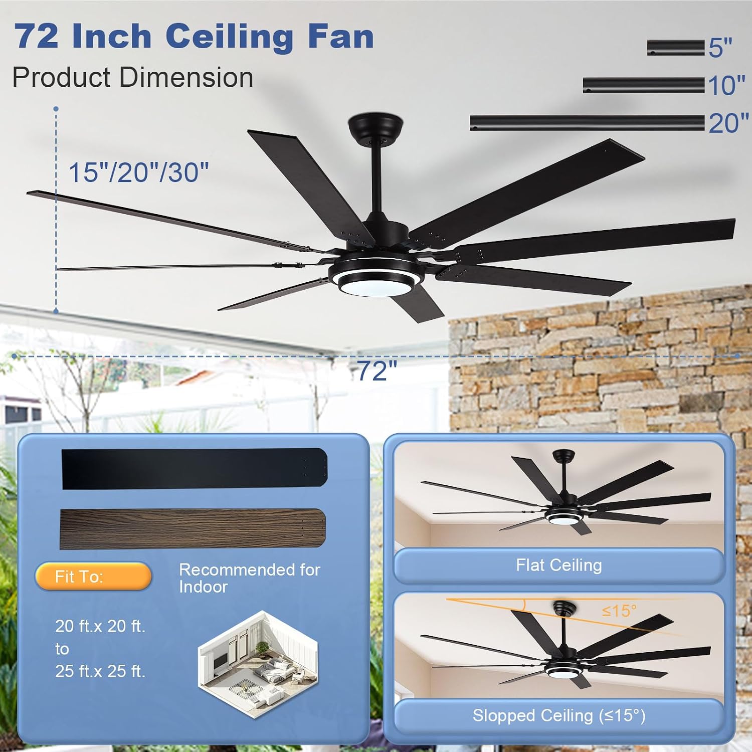 Depuley 72-Inch Ceiling Fan with Light: Walnut Ceiling Fans with 8 Blades Dual Finish Reversible - Large Ceiling Fan with Remote Control Noiseless for Farmhouse Living Room Outdoor Patios