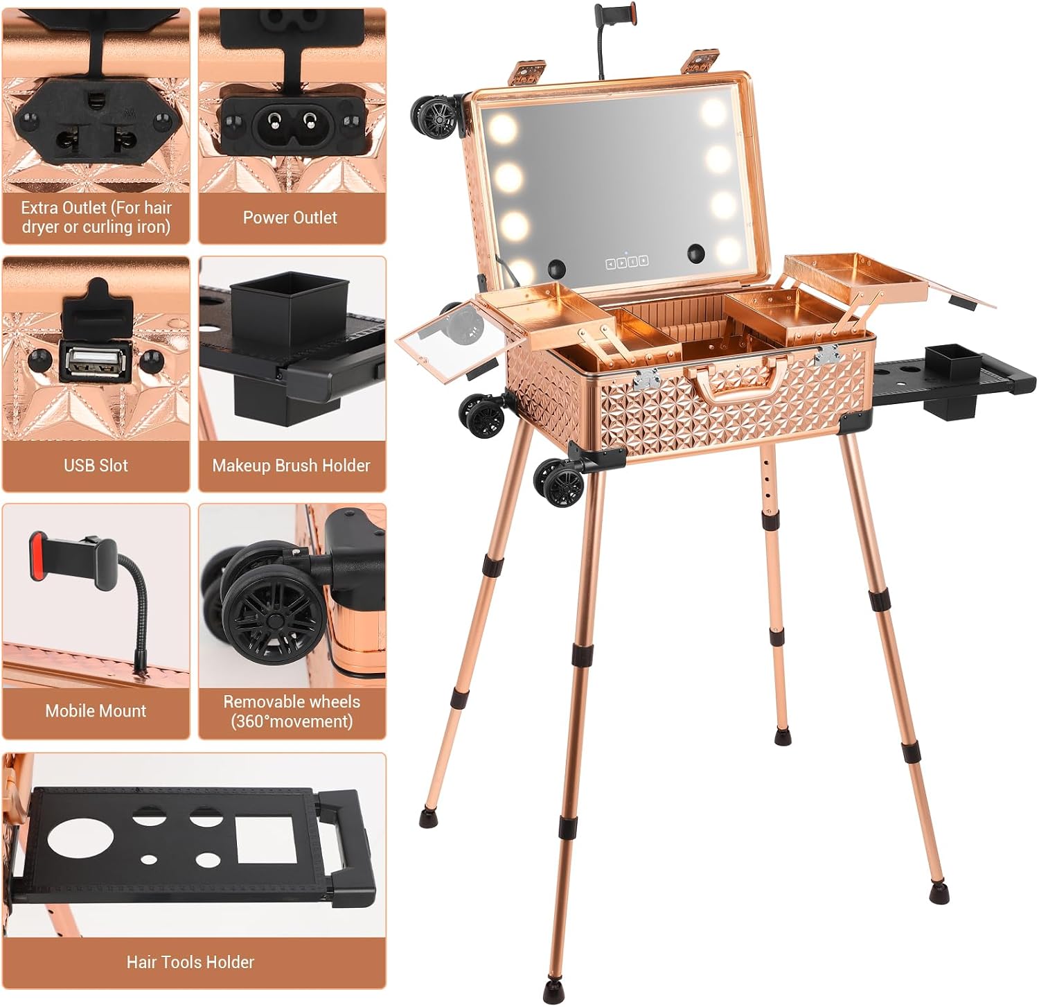 Rolling Makeup Train Case with Lighted Mirror and Bluetooth Speaker Professional Cosmetic Organizer Case with Wheels, Stands Portable Makup Station Vanity for Travel (Rose gold, Small)