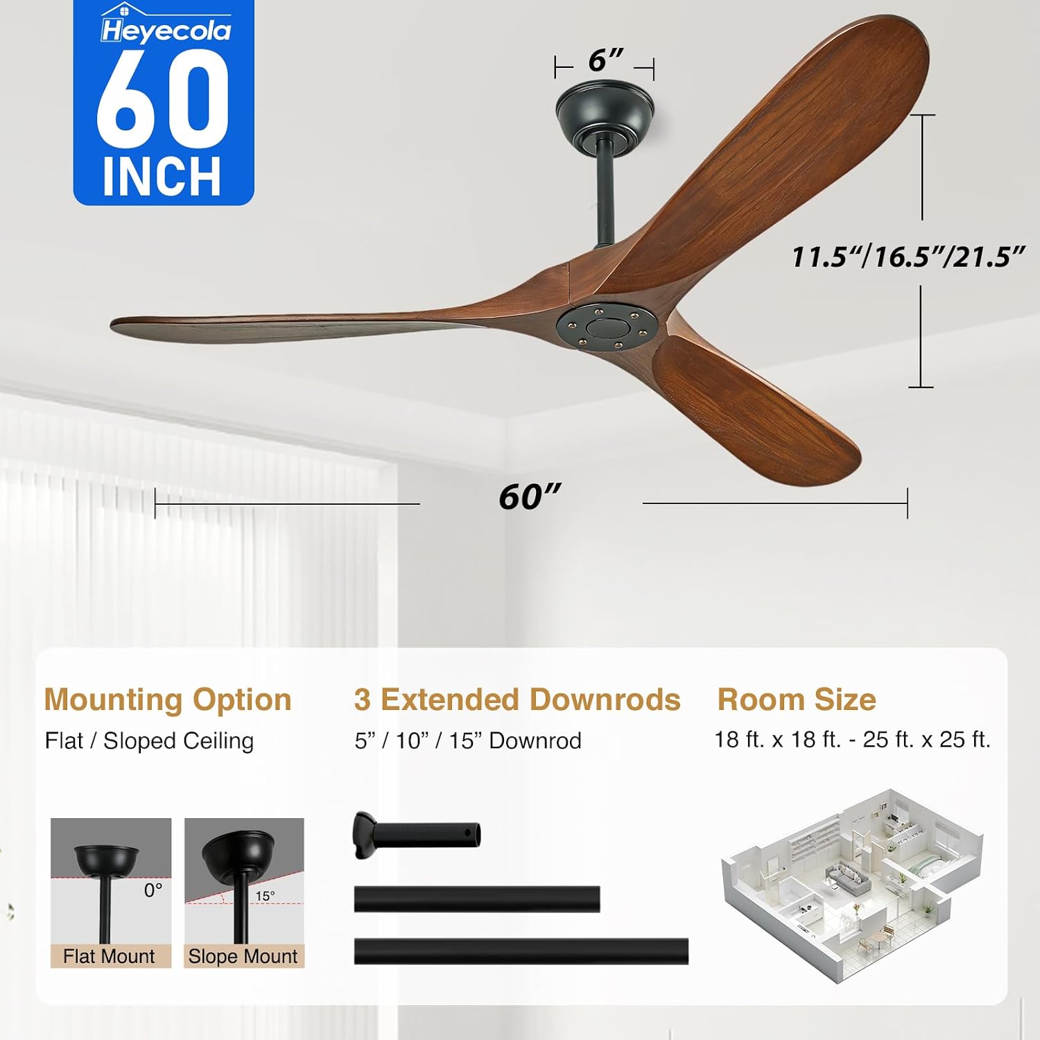 60 Inch Wood Ceiling Fan No Light, Indoor Outdoor Ceiling Fan without Lights with Remote, 3-Blade Reversible DC Motor Fan for Covered Patio Porch Bedroom Living Room, Walnut