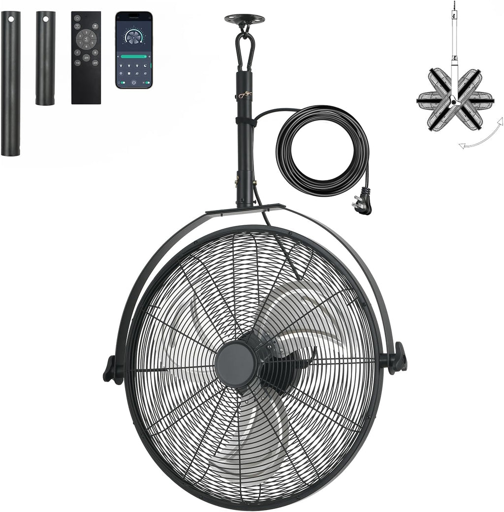 AHAWILL 22.8' Gazebo Patio Outdoor Fan - 360 Rotatable Fixed Angle, Plug-in, 6 Speeds, Timer & Reversible, 2-in-1 Hanging/Standing for Tool Room,Garage.