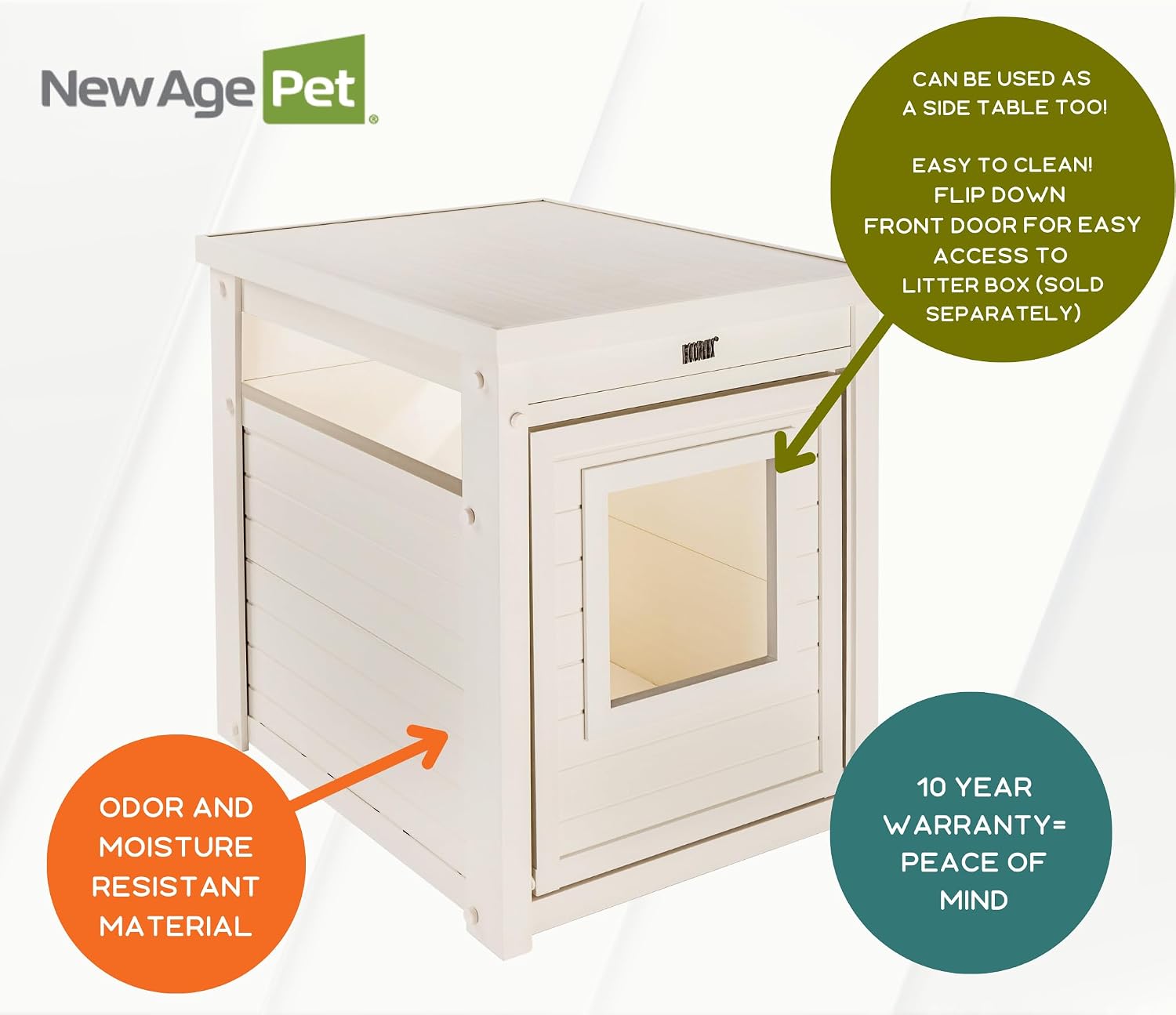 New Age Pet ECOFLEX Litter Loo Standard & Jumbo Sizes, 4 Colors, Moisture and Odor Resistant Enclosure & End Table, No‑Tools Assembly, 10 Year Warranty, Antique White, Standard