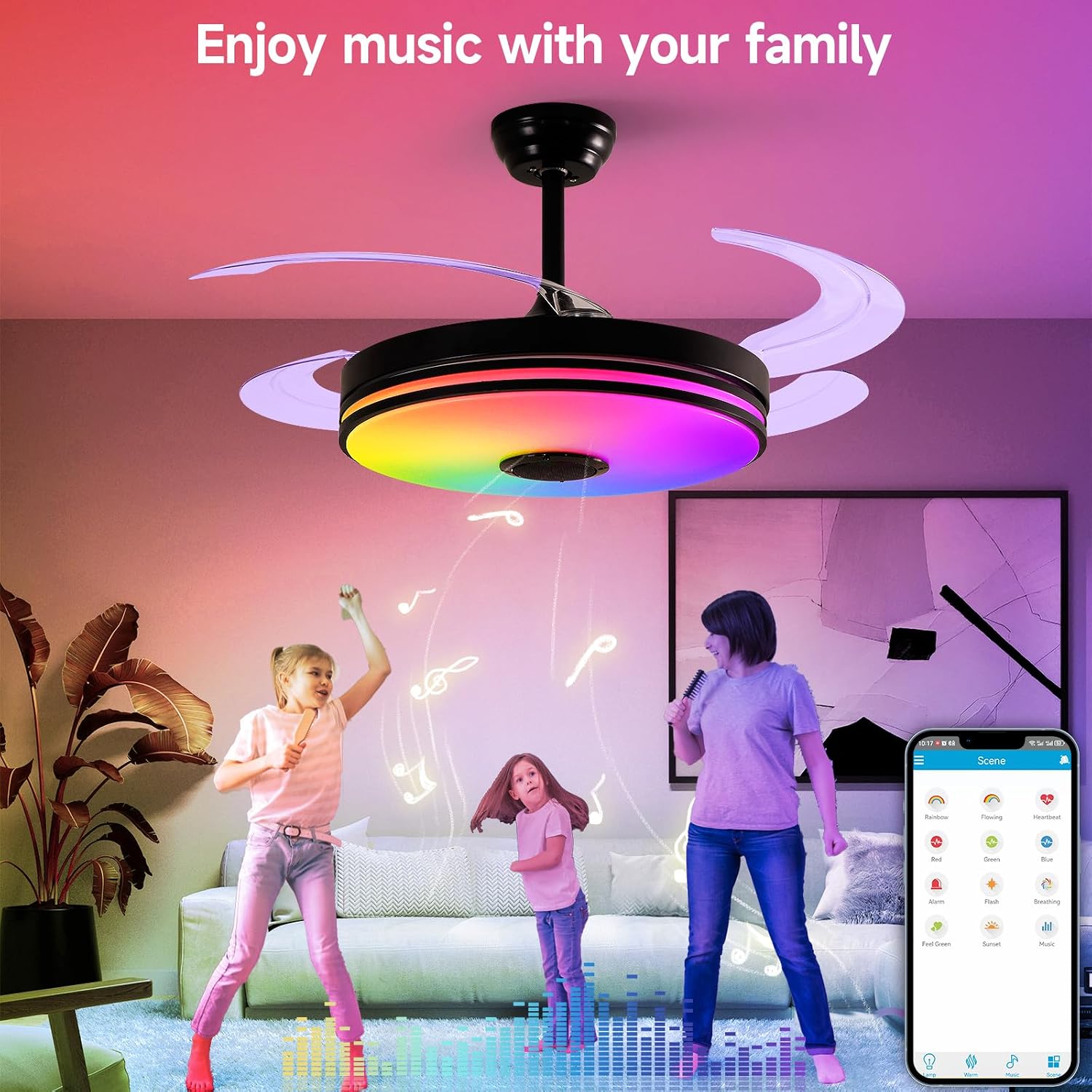 48 Inch Retractable Ceiling Fans with Lights, RGB Ceiling Fan with Remote Control,Speaker, Dimmable, 6 Speed Reversible Smart Ceiling Fans for Living Room Bedroom