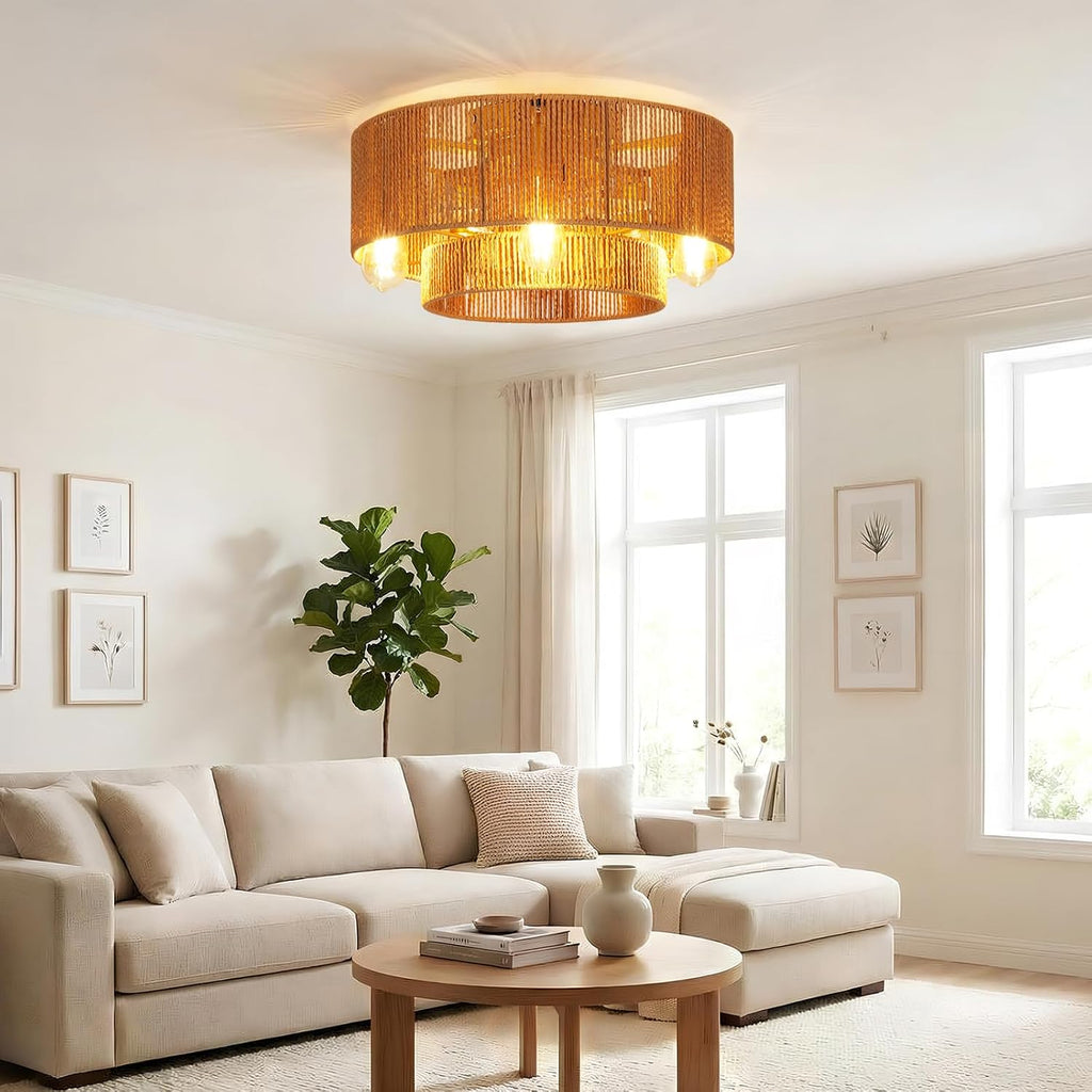 Garvee 20'' Rattan Boho Ceiling Fan with Light Flush Mount, Layered Caged Ceiling Fans with Lights and Remote, 6 Speeds Reversible, E26 Base, for Living Room Bedroom Kitchen