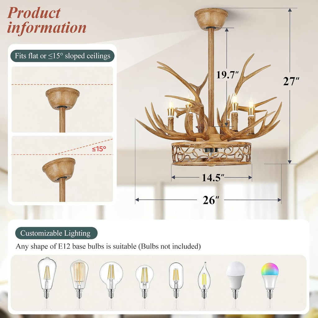 Antler Chandelier Ceiling Fan, 26' Rustic Farmhouse Ceiling Fan with 6 Lights, Retro Country Style Deer Horn Chandelier Lighting, Antler Lamp for Cafes, Bars, Kitchen, Dining Room, Living Room