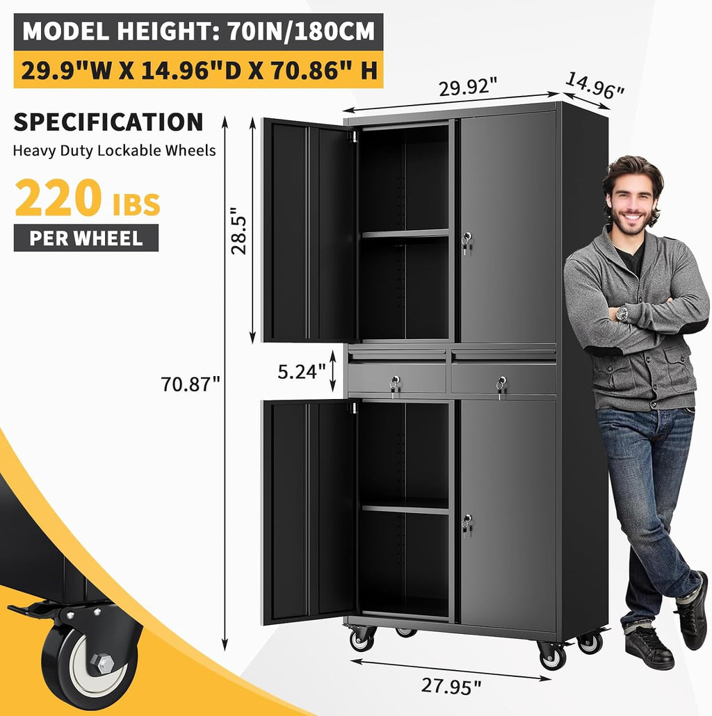 Metal Garage Storage Cabinet with 4 Wheels and 2 Drawers, 72' Heavy Duty Rolling Tool Storage Cabinet Organizer, Locking Doors and Adjustable Shelves for Garage, Workshop, Office, Warehouse