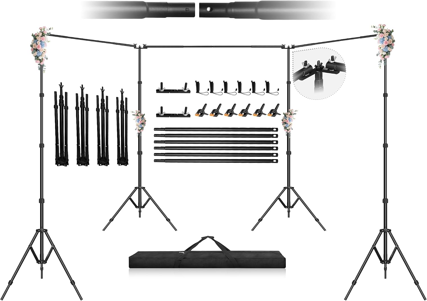 Jiang&Rong 8.5 x 30ft (H x W) Adjustable Photo Backdrop Stand Kit, Large Photography Background Stand with 308°Angle Rotatable Connector for Wedding, Birthday, Party