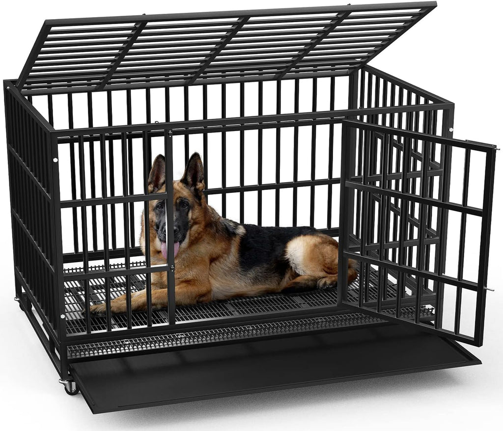 LEMBERI 48 Inch Heavy Duty Indestructible Dog Crate, 500lbs Capacity Escape Proof Double Door Kennel with Lockable Wheels, 36' Tall XL Dog Cage with 0.8' Steel Tubes, Removable Tray, Black