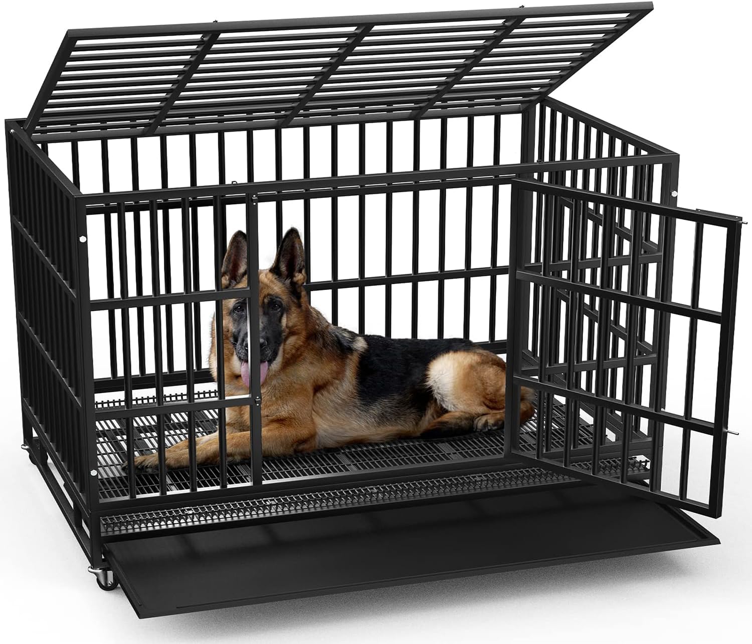 LEMBERI 48 Inch Heavy Duty Indestructible Dog Crate, 500lbs Capacity Escape Proof Double Door Kennel with Lockable Wheels, 36' Tall XL Dog Cage with 0.8' Steel Tubes, Removable Tray, Black
