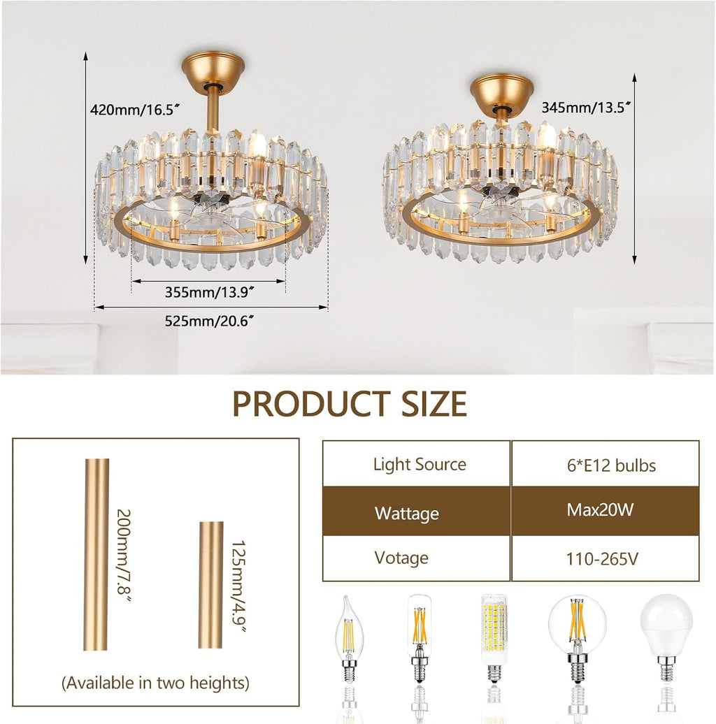 CLAIRDAI Crystal Caged Ceiling Fan with Light, 20.7'' Gold Fandelier, 6 x E12 Bulbs Required, Remote Control, 6-Speed Reversible DC Motor, Flush Mount for Bedroom Living Room Dining Room