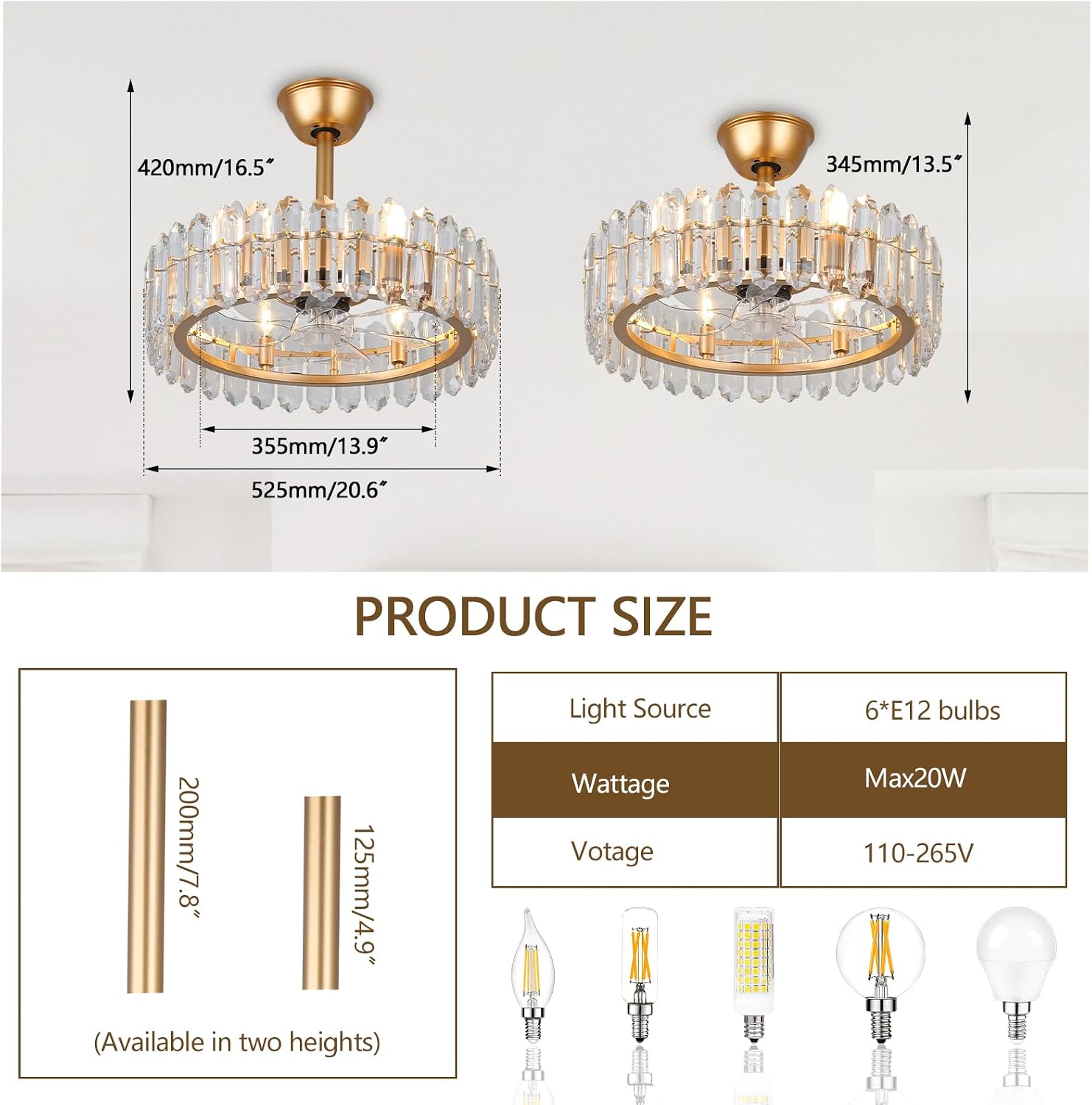 CLAIRDAI Crystal Caged Ceiling Fan with Light, 20.7'' Gold Fandelier, 6 x E12 Bulbs Required, Remote Control, 6-Speed Reversible DC Motor, Flush Mount for Bedroom Living Room Dining Room