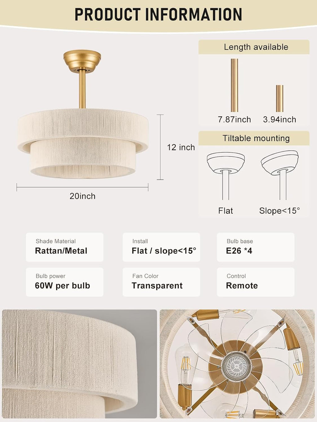 Boho Ceiling Fan with Light, Caged Fandelier Ceiling Fan with Light and Remote Control, Rattan Chandelier Fan for Bedroom, Living Room,Kitchen,Foyer(20 Inch, 6 Speed, Timing Adjustable Height)