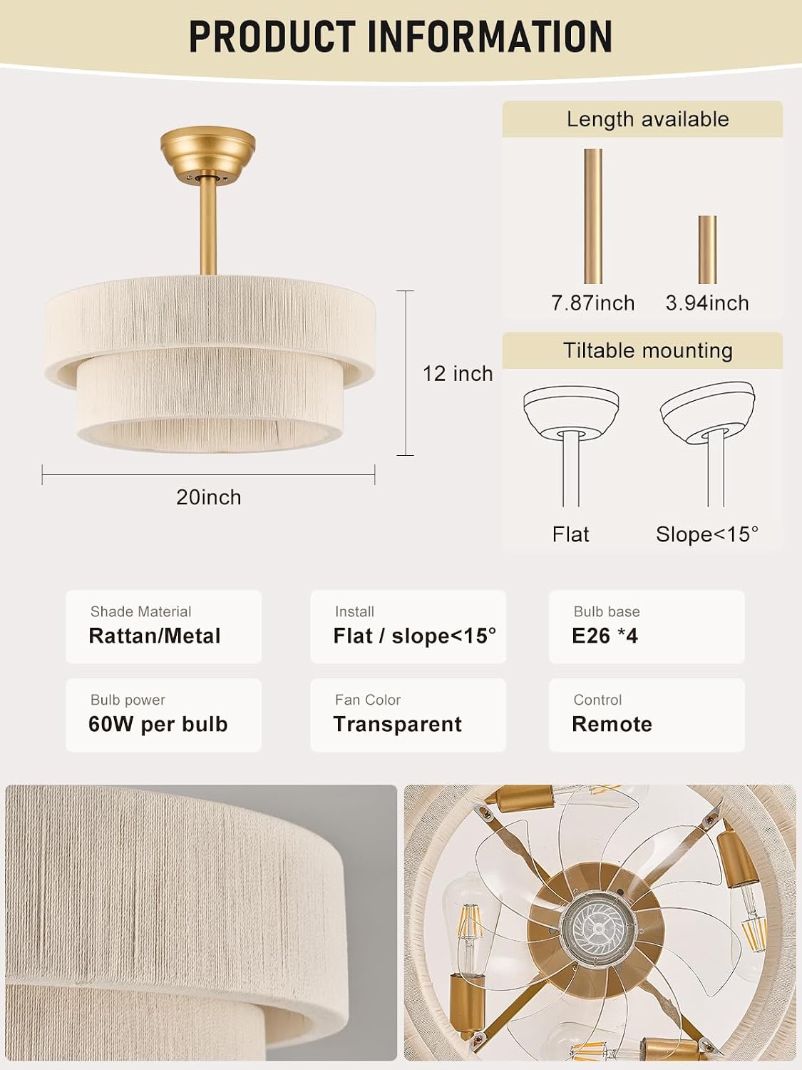 Boho Ceiling Fan with Light, Caged Fandelier Ceiling Fan with Light and Remote Control, Rattan Chandelier Fan for Bedroom, Living Room,Kitchen,Foyer(20 Inch, 6 Speed, Timing Adjustable Height)