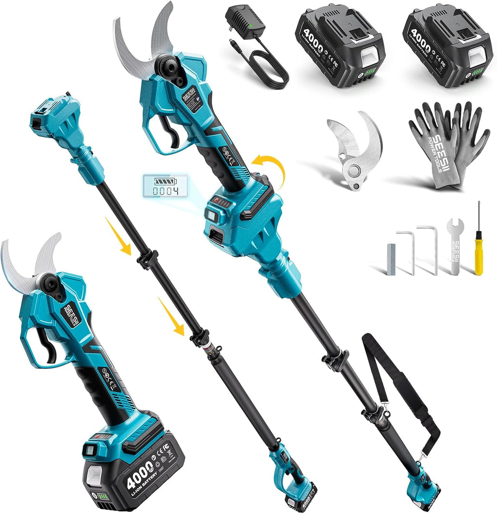SEESII 2-in-1 Pole Pruning Shears: 1.6' Cutting Diameter Cordless Electric Pole Pruners - Brushless Motor, Dual 4.0Ah Batteries, Extra SK5 Blade, 4 Modes Adjustable Branches Cutter for Tree & Flower