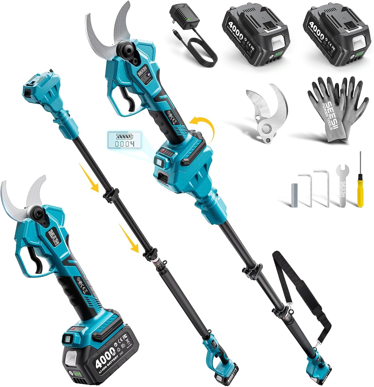SEESII 2-in-1 Pole Pruning Shears: 1.6' Cutting Diameter Cordless Electric Pole Pruners - Brushless Motor, Dual 4.0Ah Batteries, Extra SK5 Blade, 4 Modes Adjustable Branches Cutter for Tree & Flower