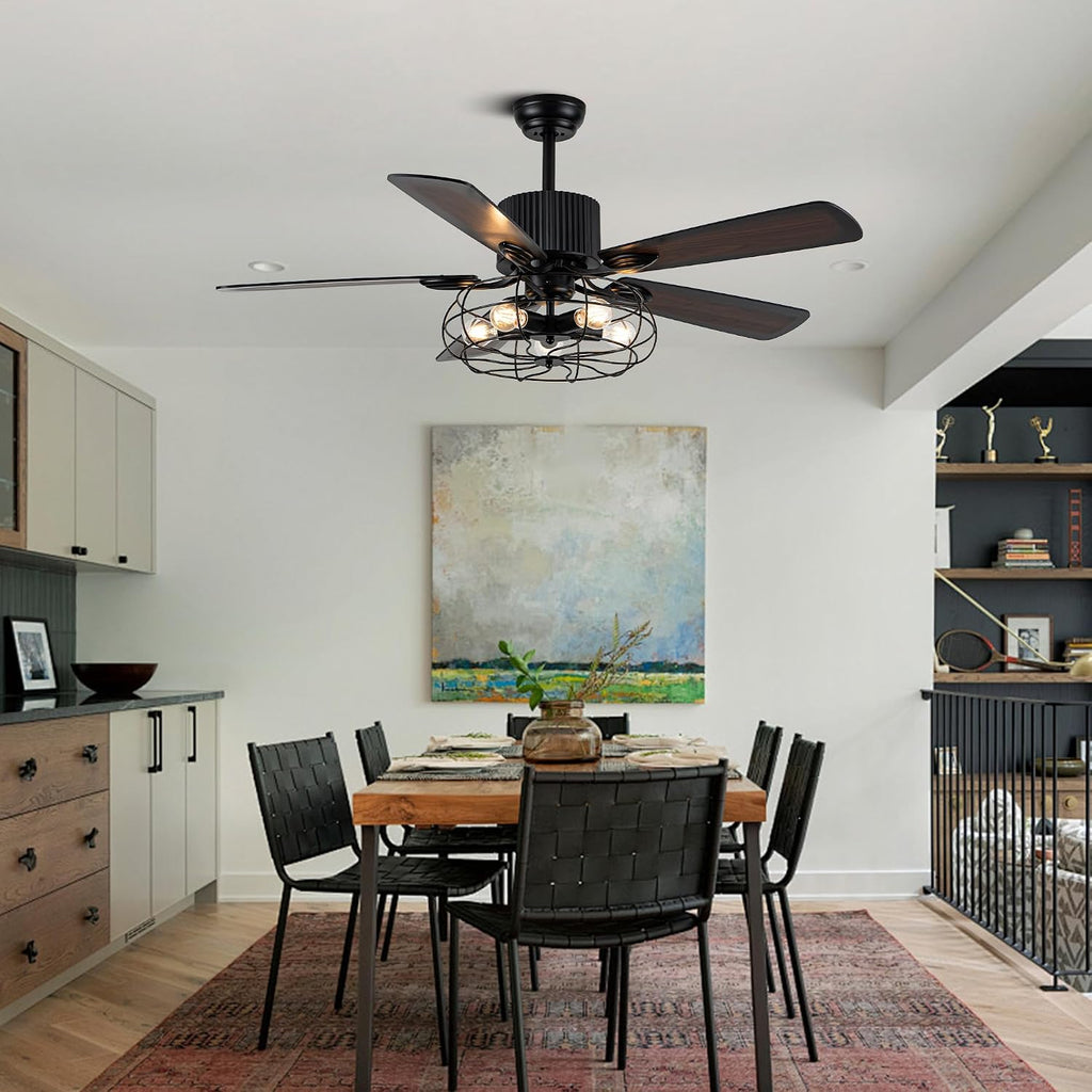 52' Farmhouse Ceiling Fans with Lights and Remote,Industrial Caged Rustic Retro Chandelier Ceiling Fan with Reversible Motor,5 Double Colour Blades for Dining Room Living Room Bedroom