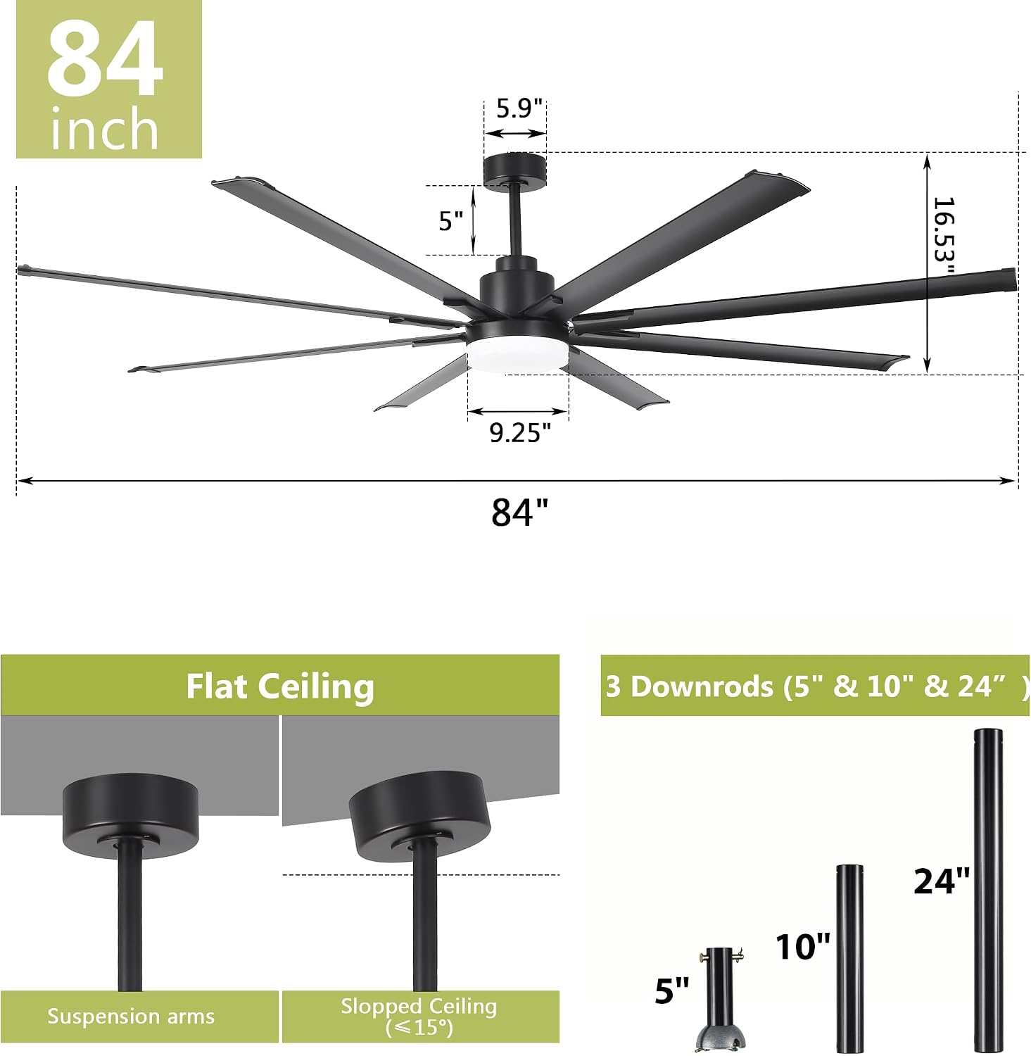 84' Large Ceiling Fan with Lights & Remote – 8-Blade Black Modern Ceiling Fan for Living Room, Dining Room, Bedroom, Patio, Commercial Spaces, Quiet & Energy Efficient, ETL Certified