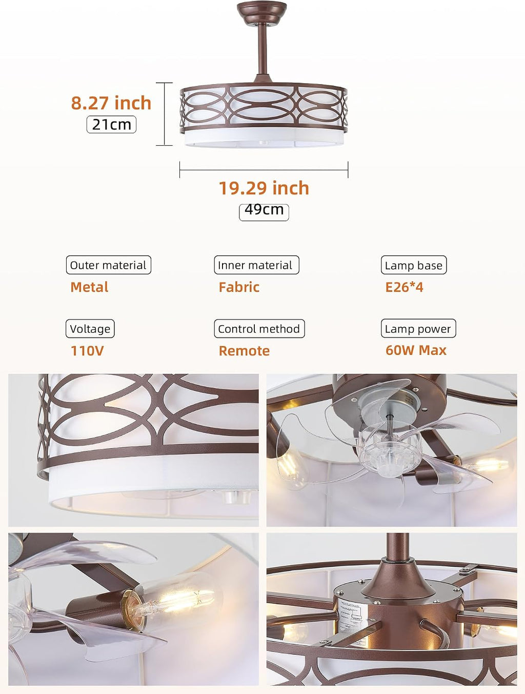 20' Brown Farmhouse Ceiling Fan with Light, Caged Fandelier Ceiling Fans with Lights Remote Control with 6 Speeds for Bedroom, Living Room, Nursery