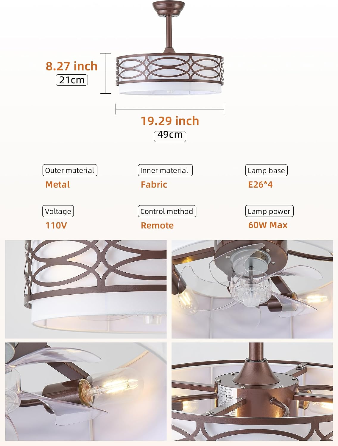 20' Brown Farmhouse Ceiling Fan with Light, Caged Fandelier Ceiling Fans with Lights Remote Control with 6 Speeds for Bedroom, Living Room, Nursery