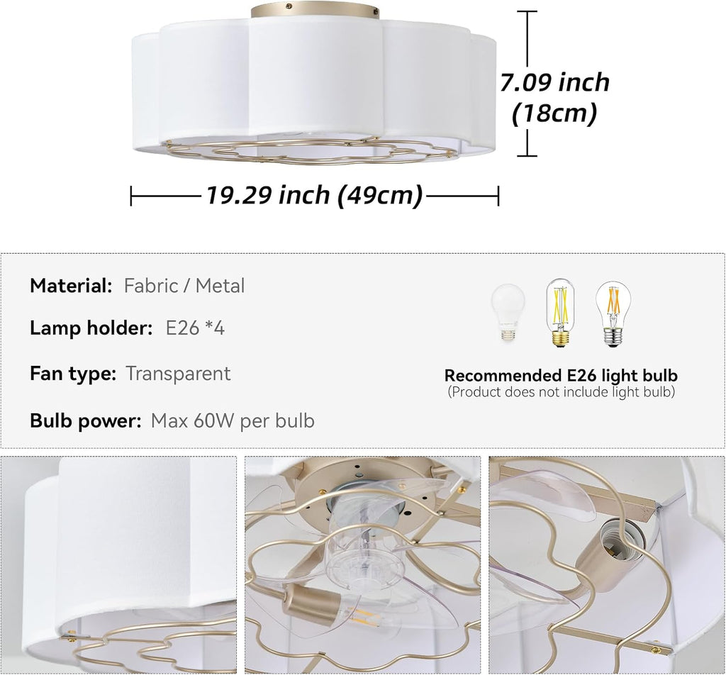 20' Low Profile Ceiling Fan with Light, Caged Flush Mount Ceiling Fan with Light Remote Control, Boho Bladeless with 6 Speeds for Bedroom, Nursery, Living Room.
