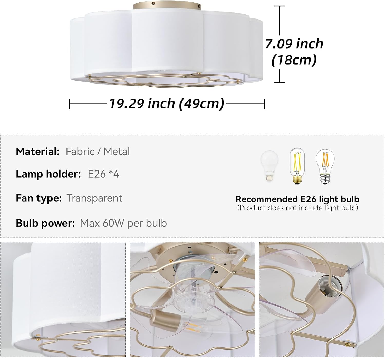 20' Low Profile Ceiling Fan with Light, Caged Flush Mount Ceiling Fan with Light Remote Control, Boho Bladeless with 6 Speeds for Bedroom, Nursery, Living Room.