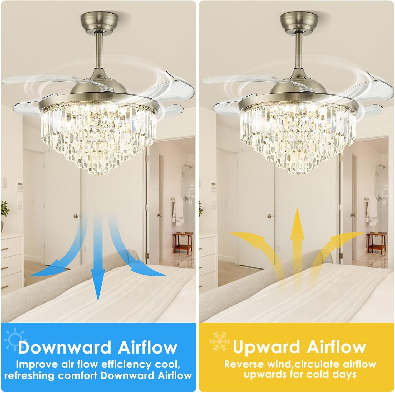 42' Dimmable LED Ceiling Fan with Light Crystal Chandelier Fan with Remote Control Noiseless Reversible Motor for Bedroom Living Room Study Kitchen Dinning Room (Nickel)