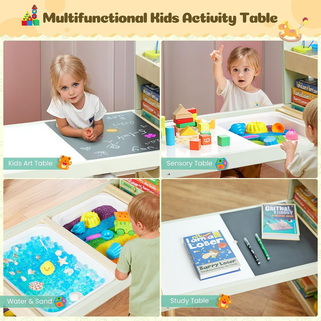 Kids Sensory Table and Chairs Set, Toddlers Activity Table with Large Storage Bins & Shelves, 6 in 1 Kids Art Desk with Blackboard Whiteboard for Playrooms Daycare,Sand & Water Table for Toddler Gifts