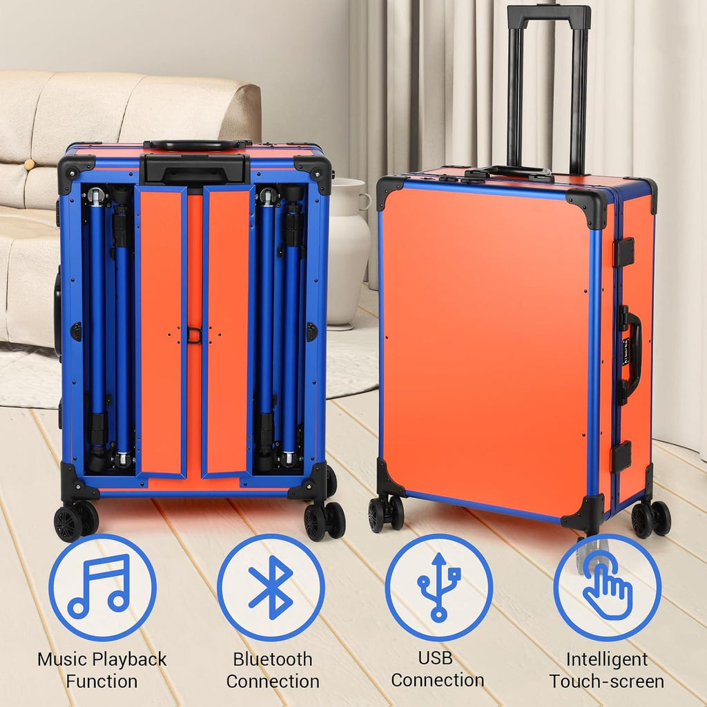Rolling Makeup Train Case with Lighted Mirror and Bluetooth Speaker Professional Cosmetic Organizer Case with Wheels, Stands Portable Makup Station Vanity for Travel (Orange, Medium)