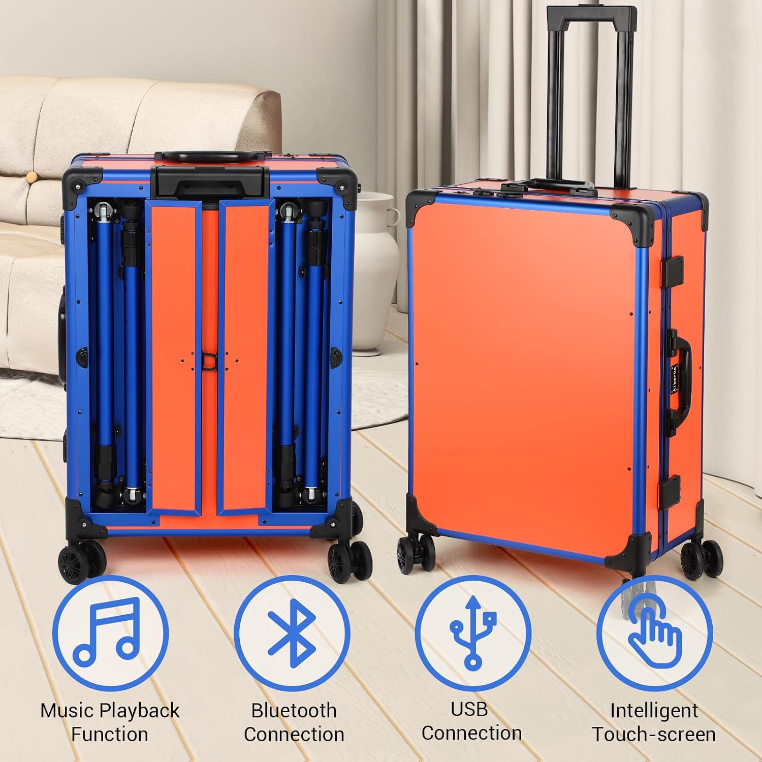 Rolling Makeup Train Case with Lighted Mirror and Bluetooth Speaker Professional Cosmetic Organizer Case with Wheels, Stands Portable Makup Station Vanity for Travel (Orange, Medium)
