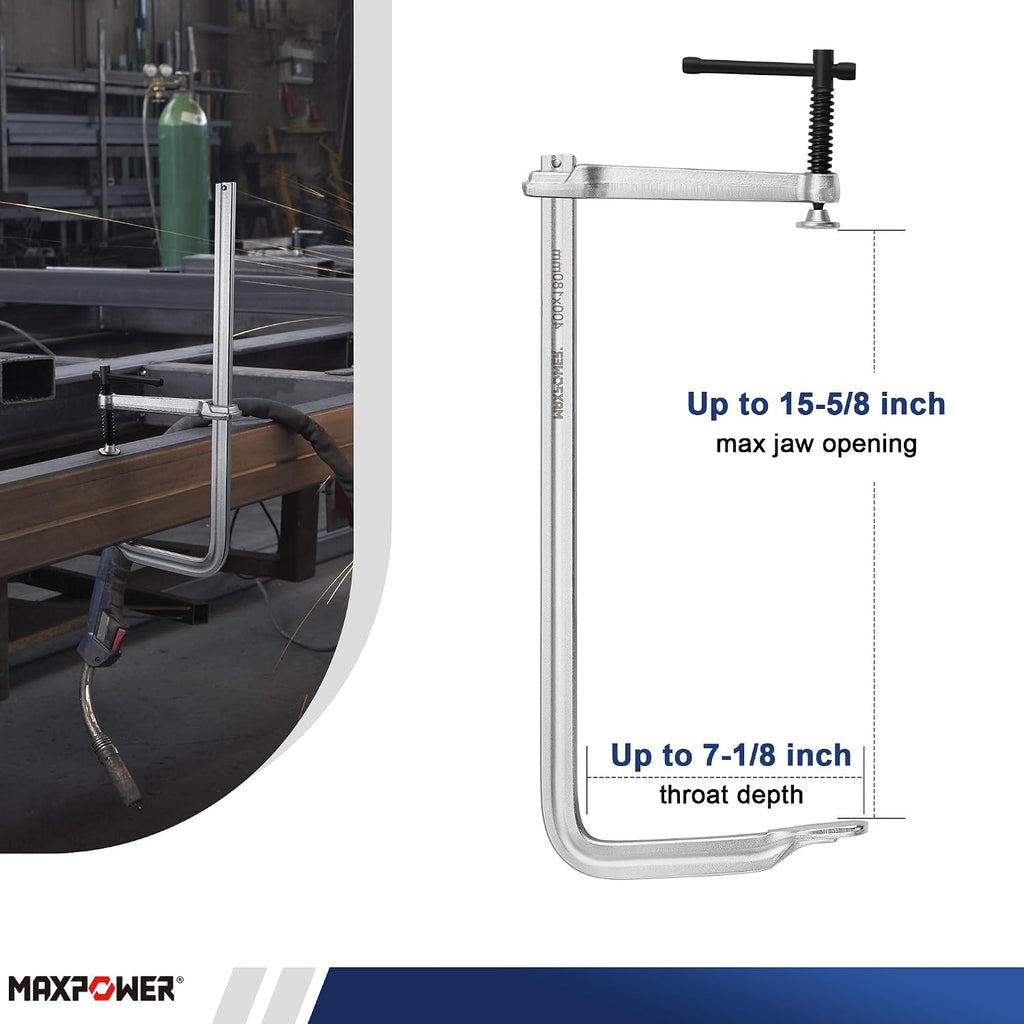 MAXPOWER 15-5/8' x 7-1/8' (400 x 180 mm) Deep Throat F Clamp, Heavy Duty Clamp for Welding, Rail Size 1' x 15/32', Pack of 4
