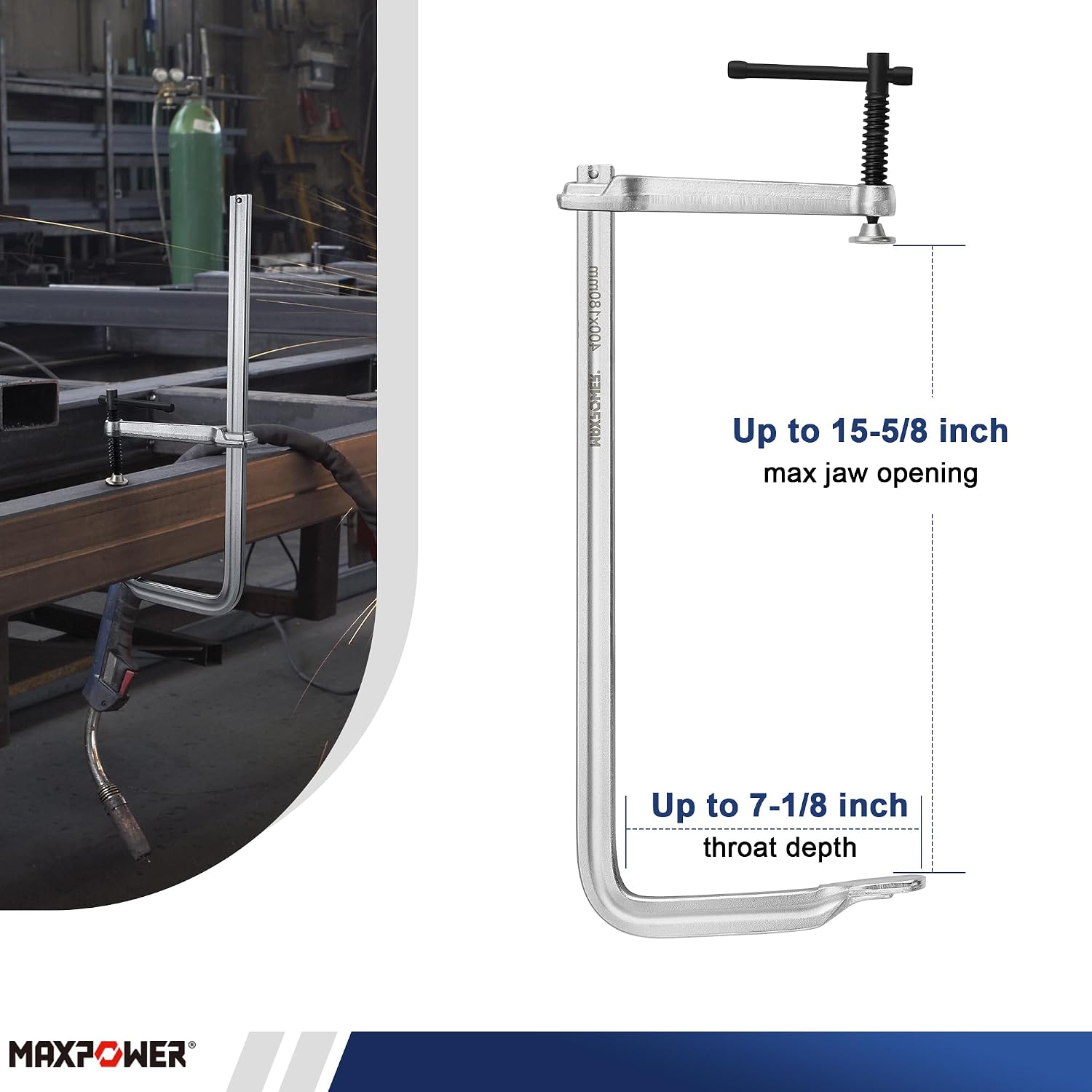 MAXPOWER 15-5/8' x 7-1/8' (400 x 180 mm) Deep Throat F Clamp, Heavy Duty Clamp for Welding, Rail Size 1' x 15/32', Pack of 4