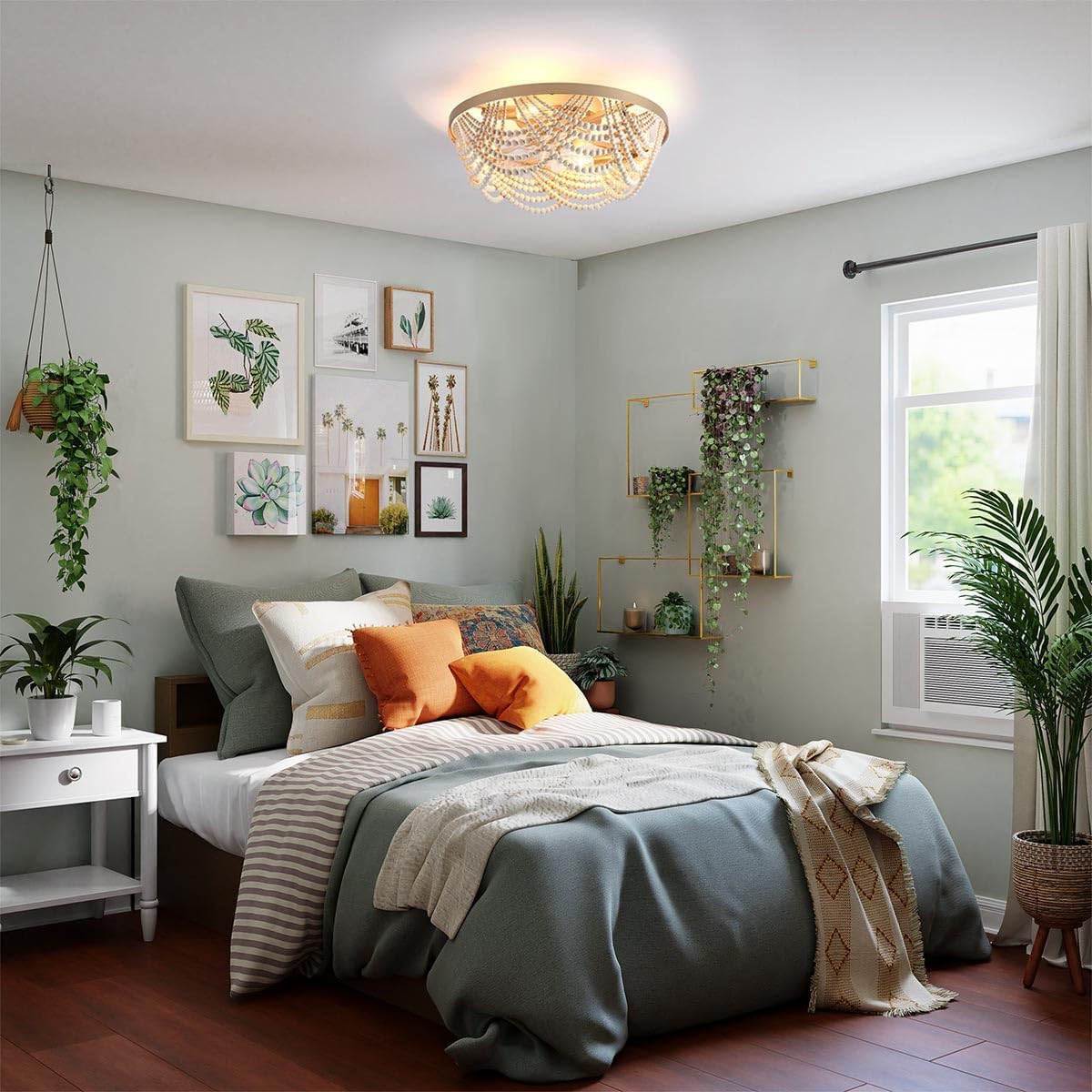 20'' Boho Ceiling Fan with Lights Flush Mount,Bohemia Gold Wood Bead Enclosed Ceiling Fan Light, 4 Lights Low Profile Ceiling Fans with Remote Control for Bedroom Living Room Dining Room Kitchen