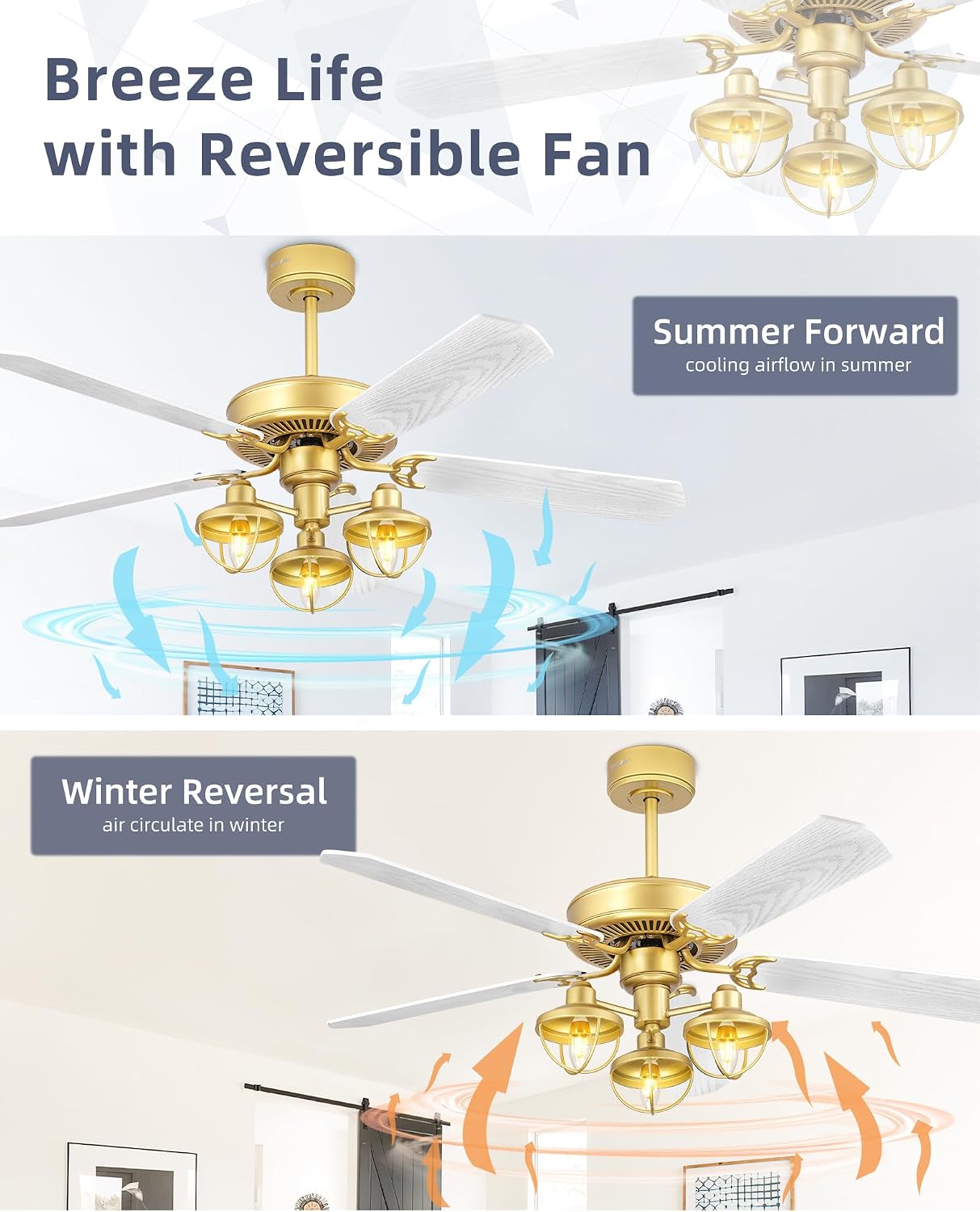 YOUKAIN Farmhouse Wooden Ceiling Fans, 52 Inch Industrial Ceiling Fan with 3 Lights and Remote Control, 5-Reversible Blades Indoor/Outdoor, Gold/Wood Finish, 52-YJ631-GD