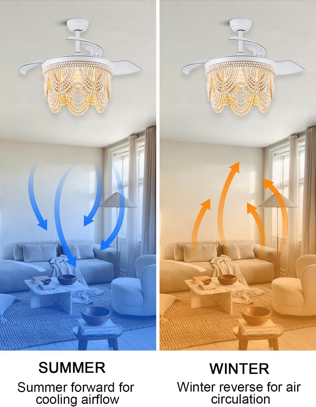 42 Inch Boho Ceiling Fan with Lights Retractable Chandelier Ceiling Fan Wood Beaded Coastal Chandelier for Bedroom Living Room White Fandelier 3 E26 Bulb, 6 Speeds Reversible Quiet DC Motor